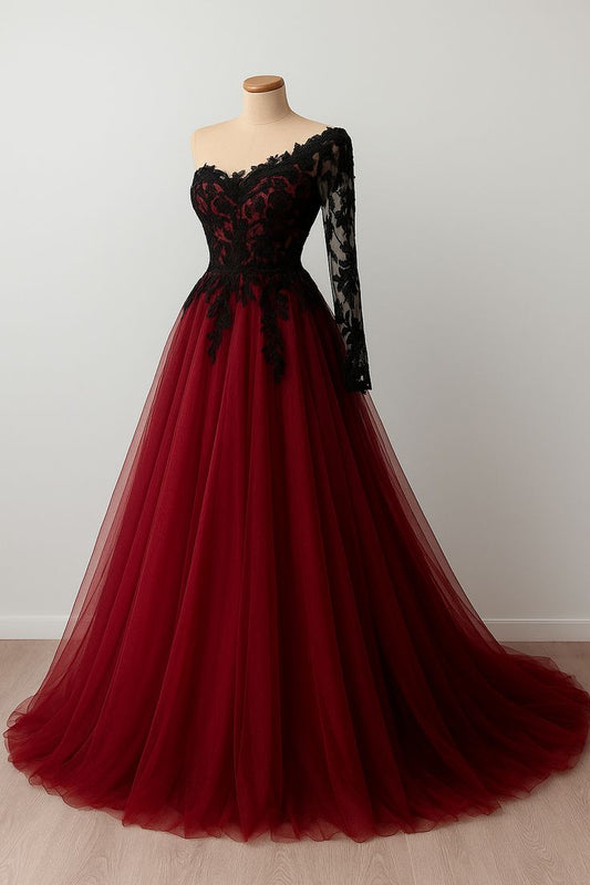 NiceVestidos - Robe de bal longue en tulle rouge vin, dentelle noire délicate, asymétrique, NV6065