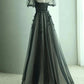 Black Tulle Puffy Short Sleeves A-Line Prom Dress, Black Evening Dress Party Dress nv1698