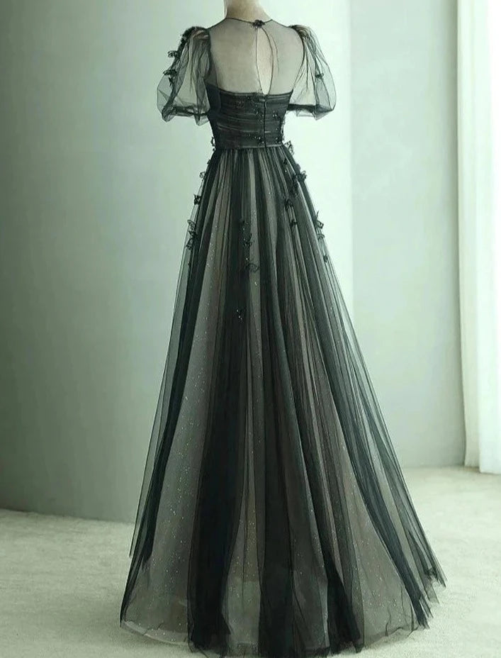 Black Tulle Puffy Short Sleeves A-Line Prom Dress, Black Evening Dress Party Dress nv1698