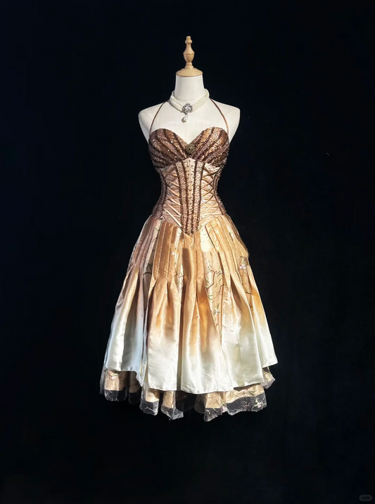 Halter Antique Gold Vintage Short Prom Dress Heavy Beaded Sweetheart Bodice Gradient Satin Floral A-Line Formal Gown  NV6901