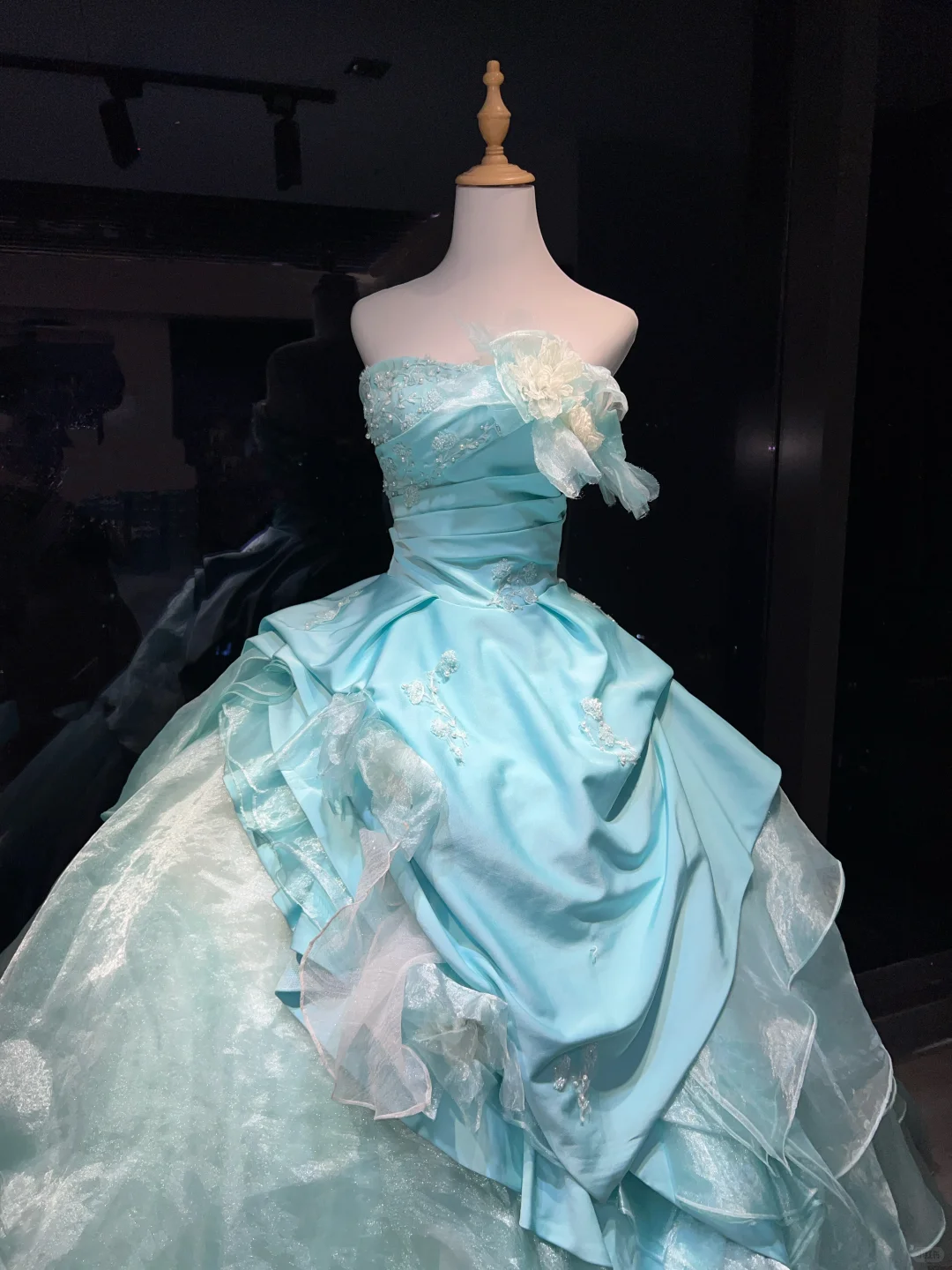 Strapless Mint Blue Prom Dress Satin Ruched Hand Beading 3D Flower Organza Ruffle Ball Gown  NV7051