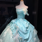 Strapless Mint Blue Prom Dress Beaded Embroidery 3D Flower Layered Organza Ball Gown  NV7059