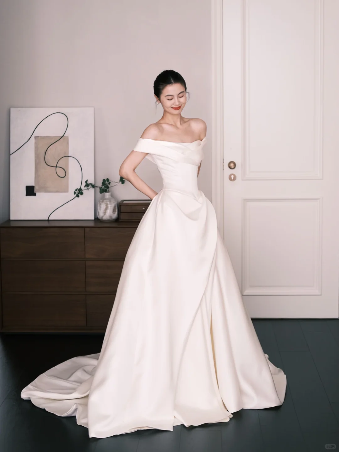 White Off The Shoulder Long Sleeve Satin Wedding Dress  NV7231