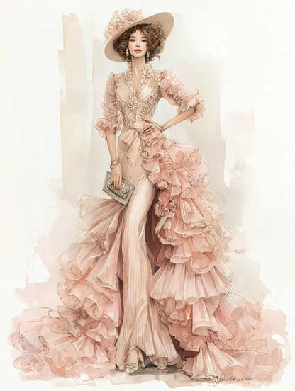 Dusty Pink Vintage Mermaid Evening Gown with 3D Flower and Ruffle Train  NV7410