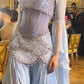 Robe de mariée féérique de style cour, bleu clair, ornée de perles, manches transparentes et traîne - Thème océan NV6382