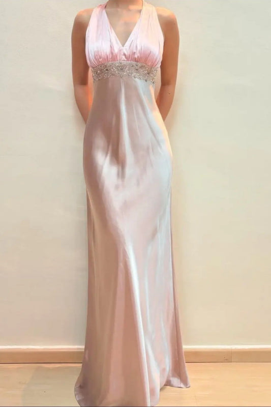 NiceVestidos-_Vintage Pink-Nude Gradient Halter Neck Rhinestone-Embellished Satin Long Evening Gown NV5921