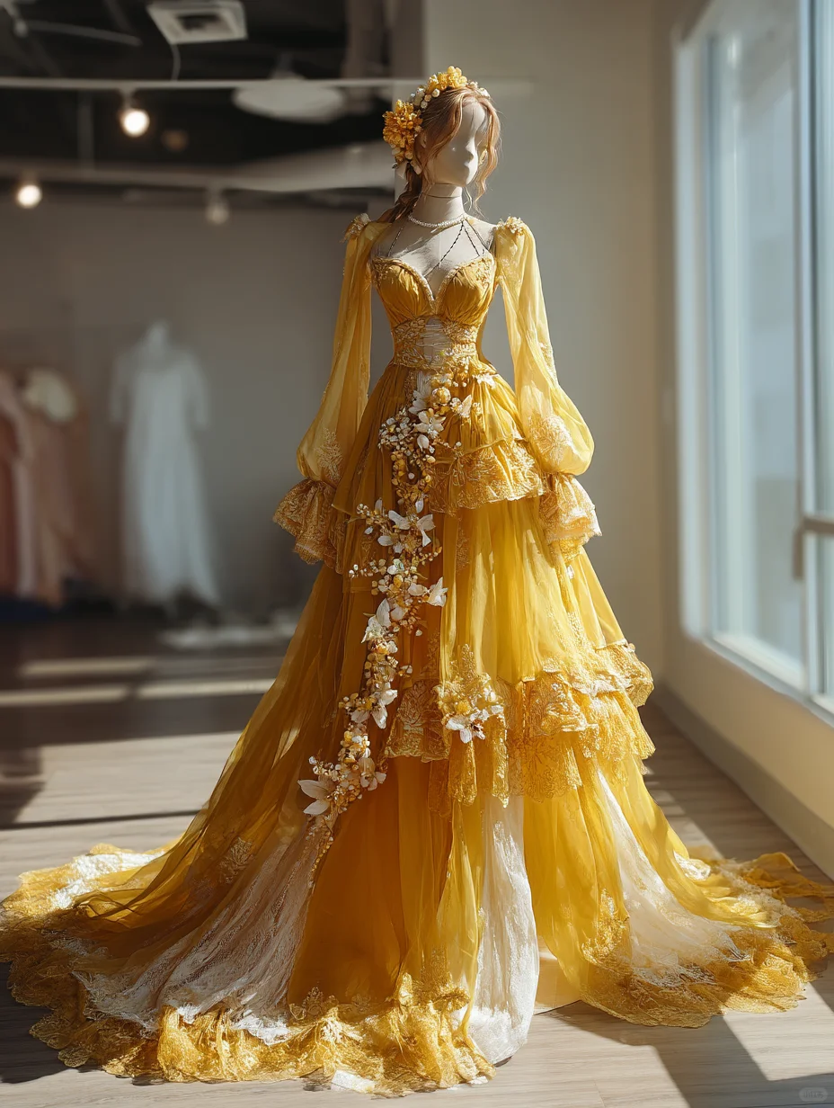 Golden Yellow 3D Floral Tiered Lace Ball Gown with Puff Sleeve and Long Train  NV7487