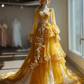 Golden Yellow 3D Floral Tiered Lace Ball Gown with Puff Sleeve and Long Train  NV7487