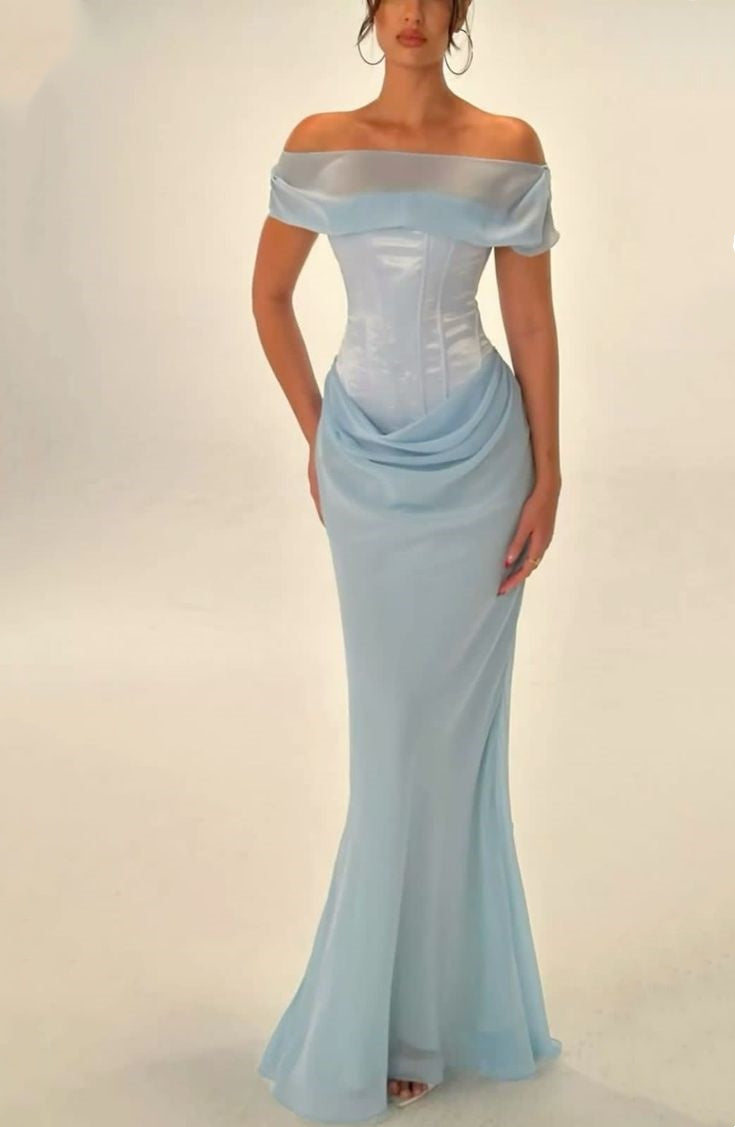 Light Blue Off Shoulder Mermaid Slim Fit Floor Length Long Satin Ball Gown Party Dress Evening Gown nv4107