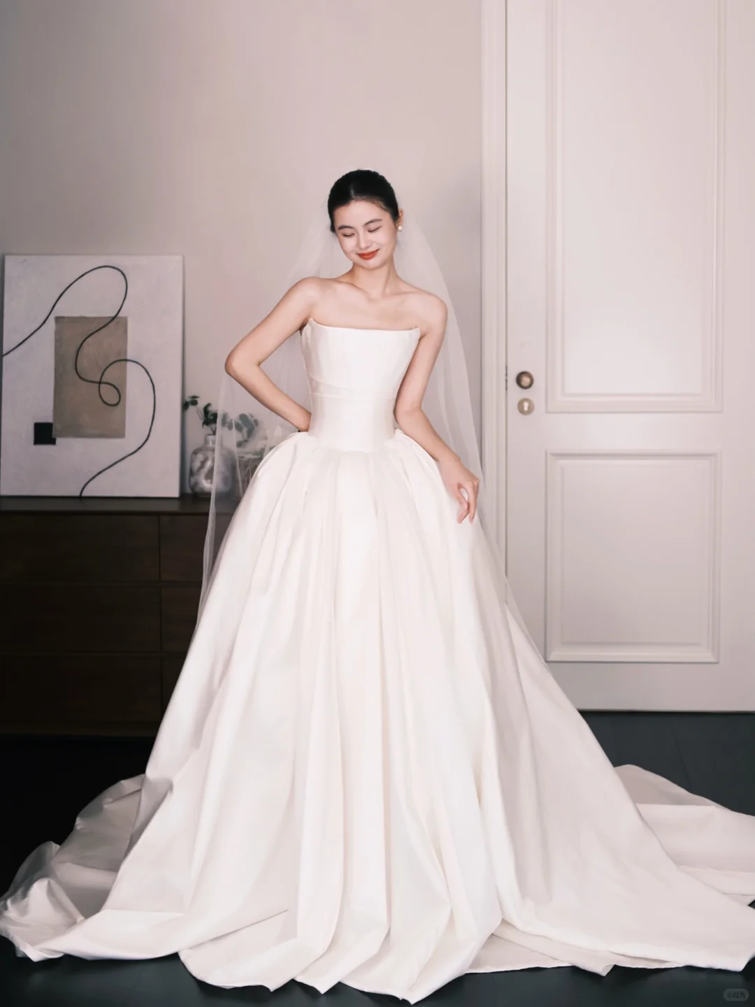 Strapless Satin Wedding Gown, Minimalist A Line Bridal Dress with Long Train  NV7348