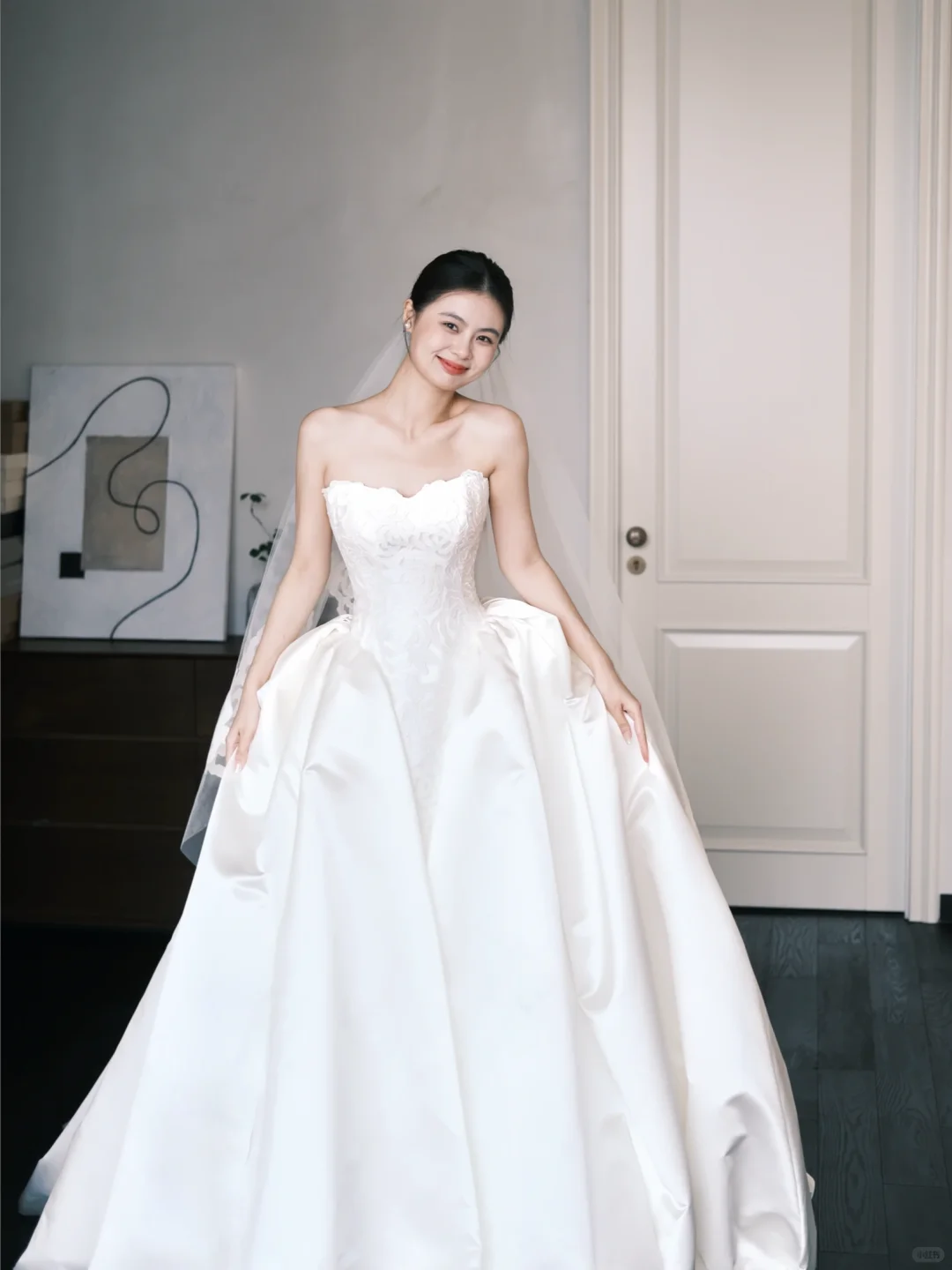 Strapless Ivory Satin Ball Gown Wedding Dress, Sweetheart Neck Lace Appliqued Bridal Dress  NV7389