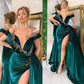 Green luxury gorgeous fashion beaded decoration deep V neck long slit floor length evening gown ball gown nv280