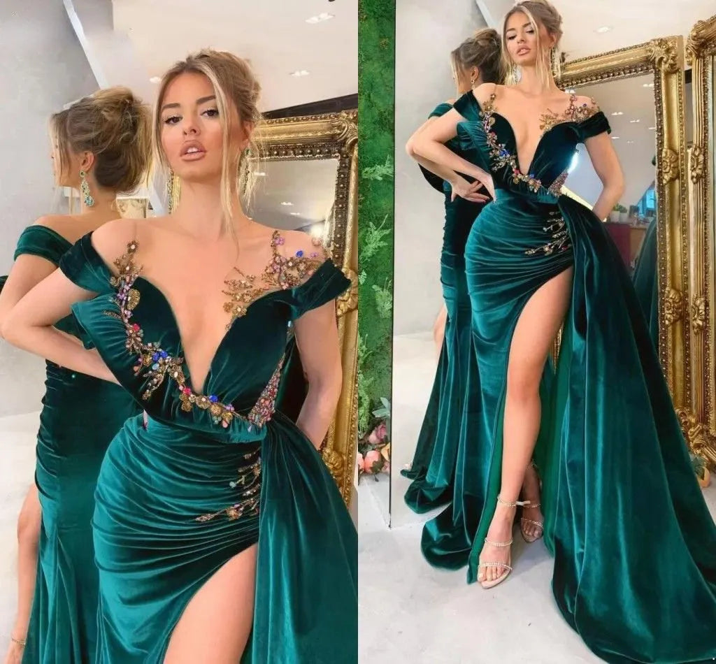 Green luxury gorgeous fashion beaded decoration deep V neck long slit floor length evening gown ball gown nv280