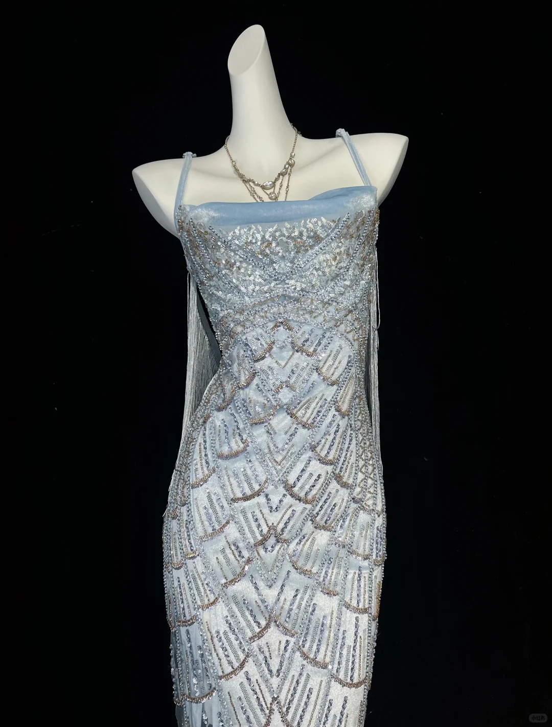 1920s Gatsby Style Ice Blue Spaghetti Straps Midi Formal Dress Heavy Hand Beading Geometric Scale Pattern With Side Ribbons  NV6889