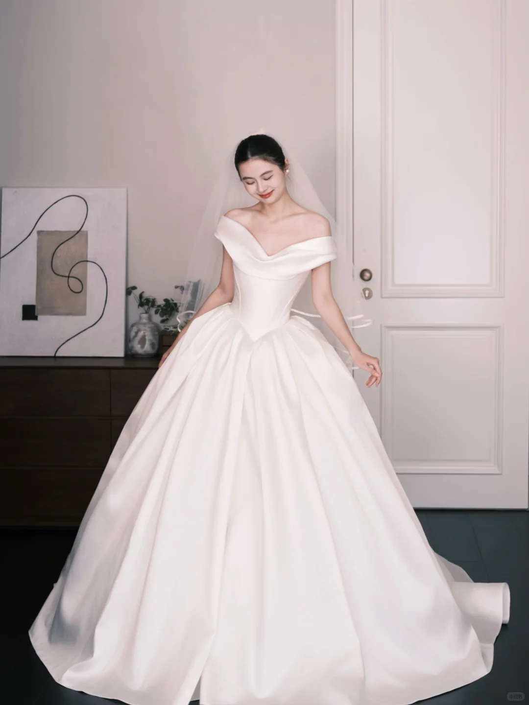 Off Shoulder Satin Ballgown Wedding Dress, Classic Simple Bridal Gown  NV7335