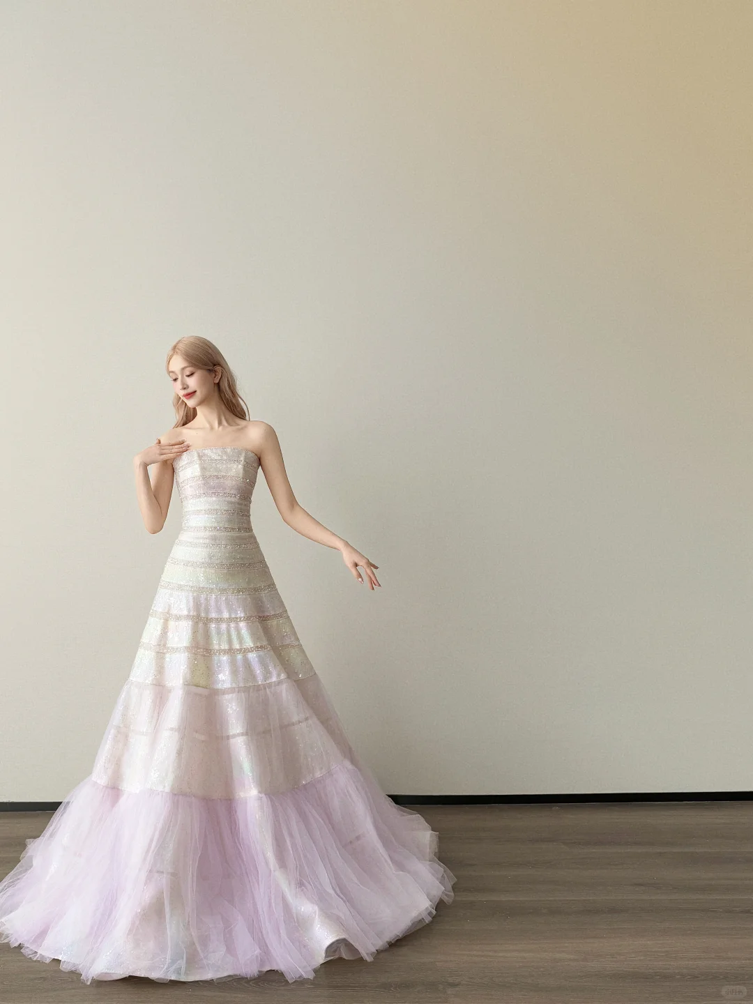 Pink Ombre Strapless Tiered Sequin Tulle Ball Gown Prom Dress  NV7138
