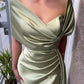 V Neck Pleated Slit Ball Gown Bodycon Off Shoulder Pleated Satin Long Formal Evening Gown nv1755
