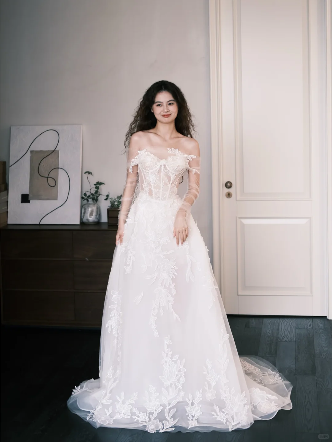 Off Shoulder Sheer Boned Lace Wedding Dress with Detachable Tulle Sleeves  NV7374