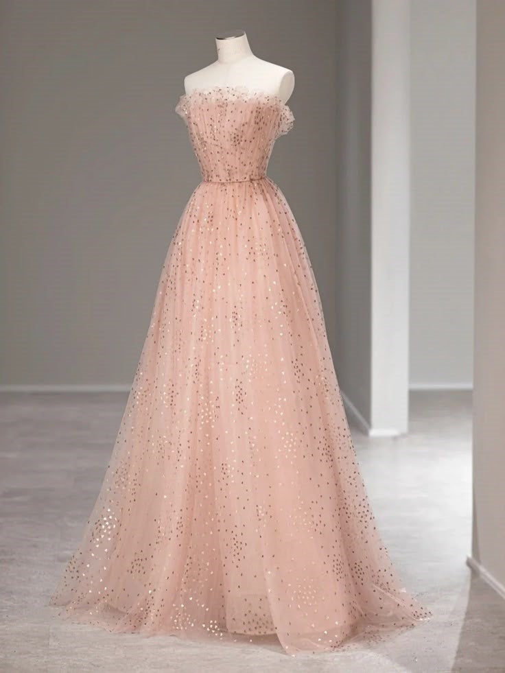 Pink Gorgeous Exquisite Lace Neckline A-Line Sequined Long Tulle Elegant Floor-Length Ball Gown Evening Dress nv3814