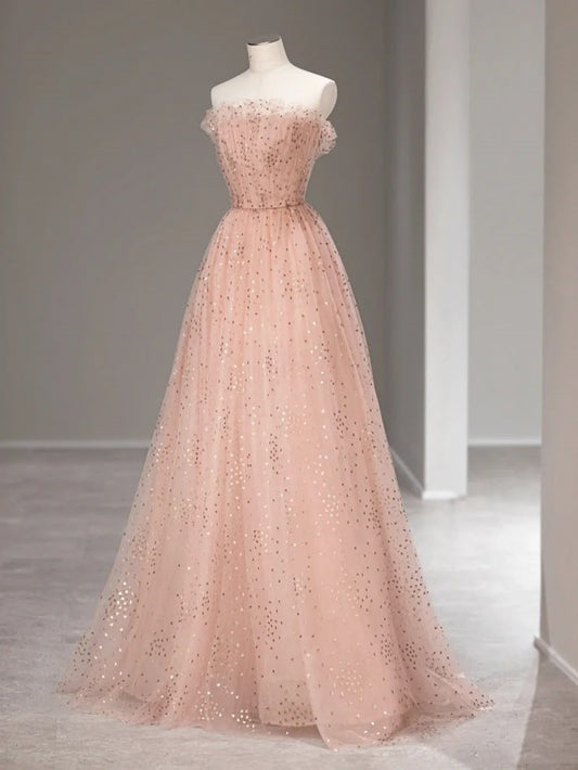 Pink Gorgeous Exquisite Lace Neckline A-Line Sequined Long Tulle Elegant Floor-Length Ball Gown Evening Dress nv3814