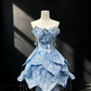 Light Blue Strapless 3D Petal Mermaid Evening Gown Sequin Rhinestone Beaded Tassel 2-in-1 Tulle Long Train Prom Dress  NV6998