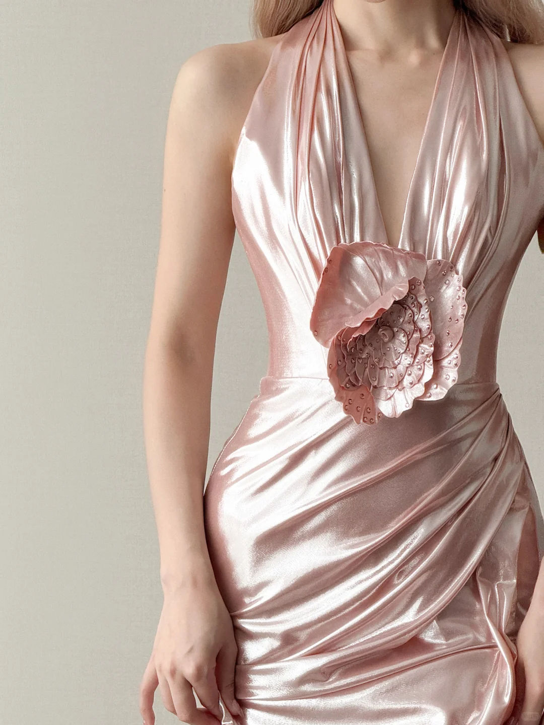 Halter Deep V Mermaid Prom Dress Rose Pink Liquid Satin Gown  NV7123