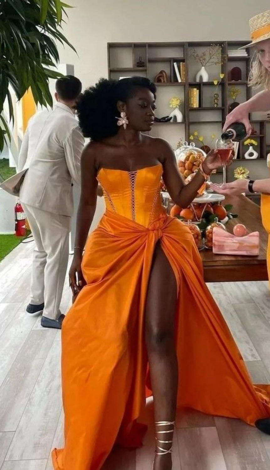 Orange Fashion Unique Sweetheart Neck Long Slit Sexy Satin Ball Gown Evening Dress nv3167