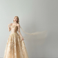 Champagne Strapless Ball Gown Gold Floral Tulle Prom Dress With Streamer  NV7113