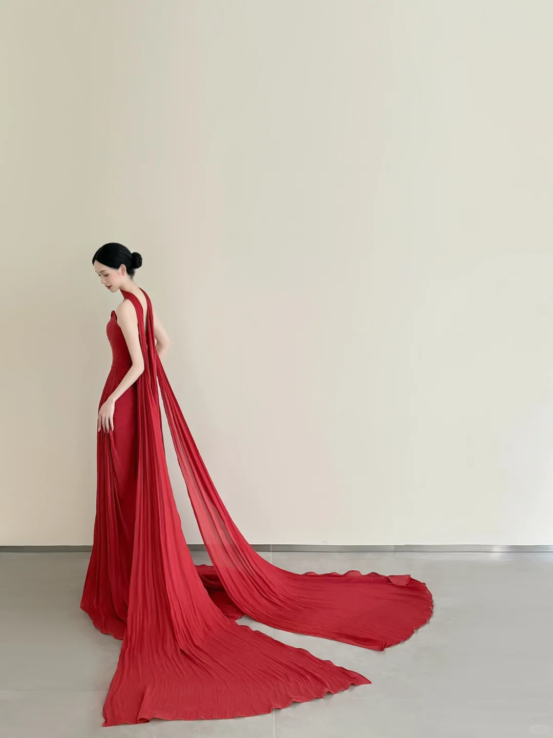 Red Chiffon Strapless Mermaid Evening Gown Pleated With Long Flowing Train  NV7172