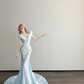 Ice Blue V Neck Prom Gown Ruffle Shoulder Beaded Sequin Mermaid Long Train Evening Dress  NV7161