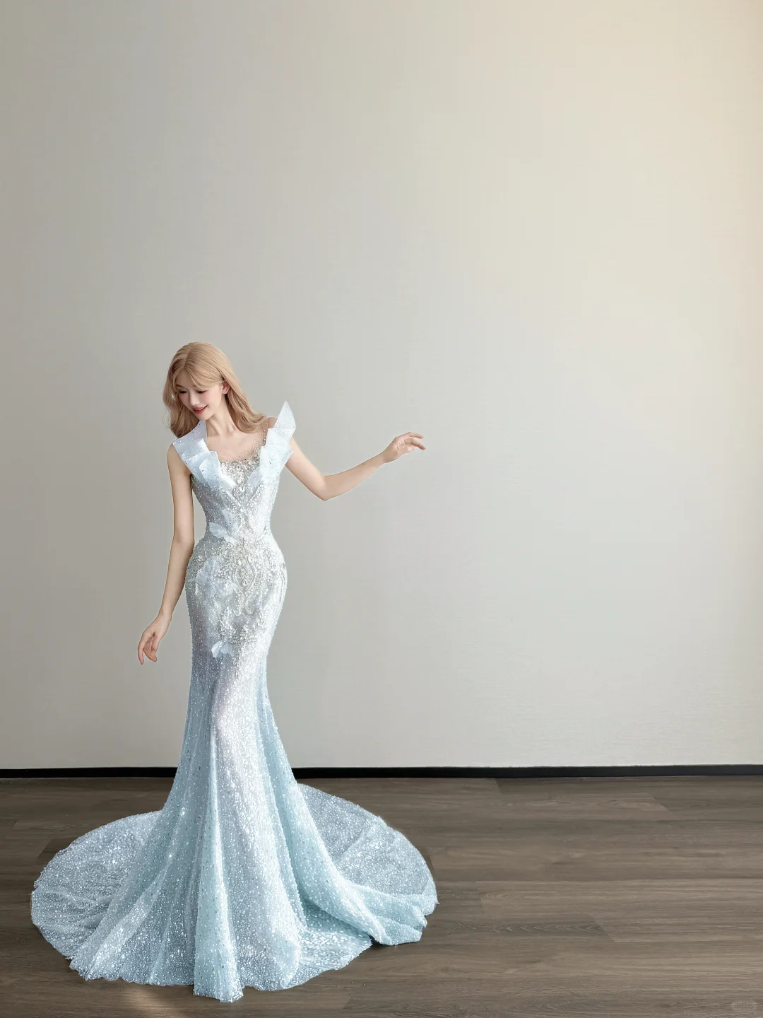 Ice Blue V Neck Prom Gown Ruffle Shoulder Beaded Sequin Mermaid Long Train Evening Dress  NV7161