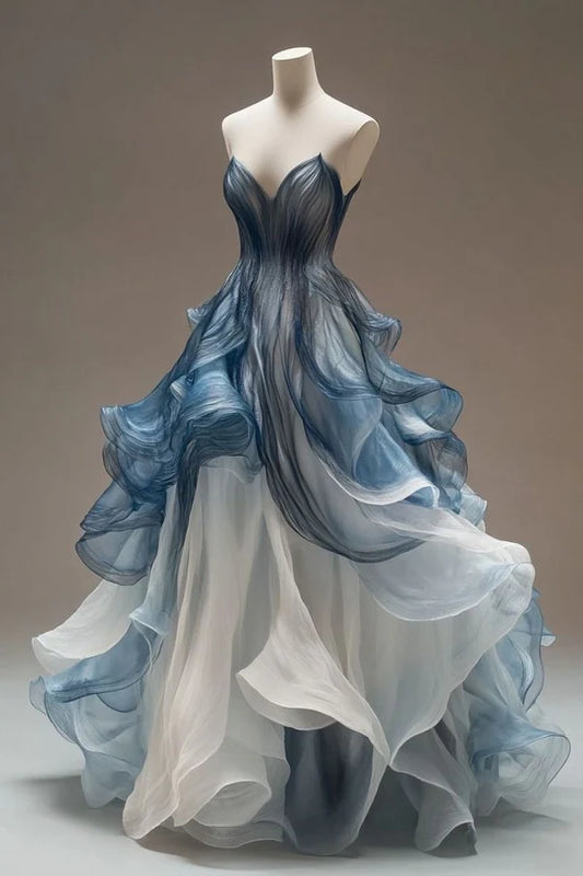 Blue Vintage Fashion A-line V-neck Tulle Long Ball Gown Evening Dress nv3760