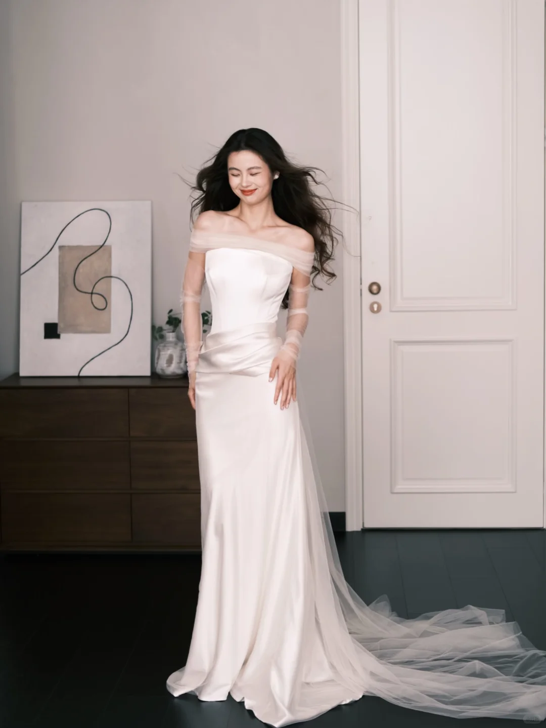 Off Shoulder Satin Mermaid Wedding Dress, Ivory Tulle Bridal Gown  NV7282