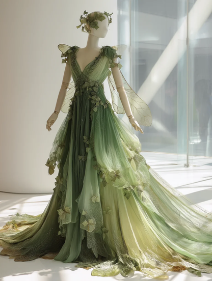 Ombre Green Fairy Tulle Gown with Transparent Cicada Wings and Long Train  NV7497