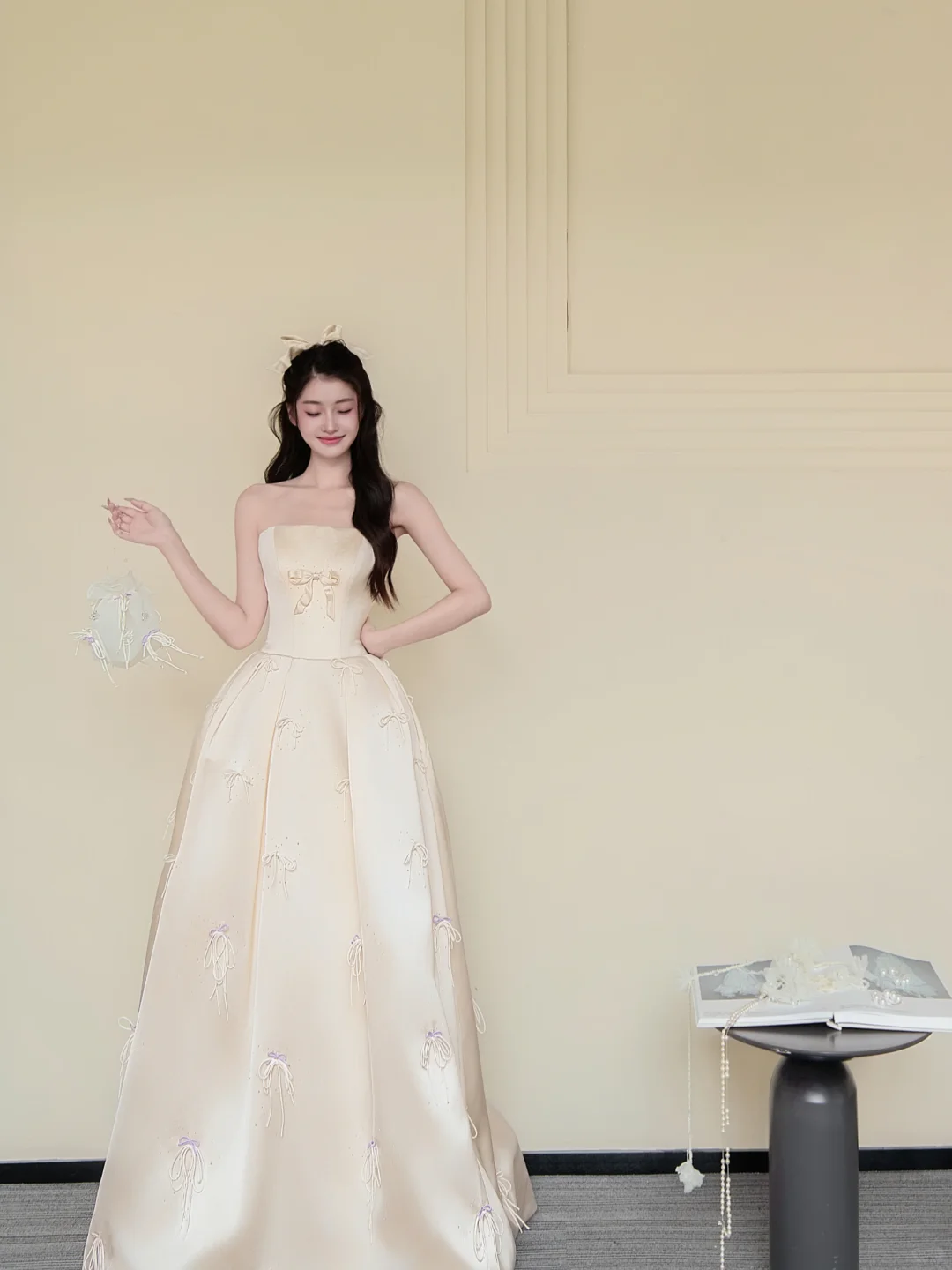 Champagne Strapless Bow Satin Ball Gown Prom Dress  NV7434