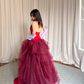 Red Halter Deep V Tulle Evening Gown with Brown Layered Overskirt  NV7193