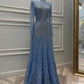 Blue Gorgeous Luxurious Exquisite Beaded Long Sleeve Floor Length Prom Dress Evening Dress Party Dress nv3893
