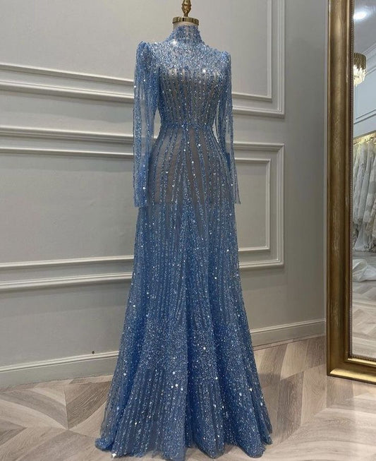 Blue Gorgeous Luxurious Exquisite Beaded Long Sleeve Floor Length Prom Dress Evening Dress Party Dress nv3893