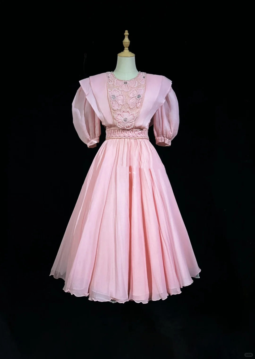 Dusty Pink Puff Short Sleeve Vintage Midi Dress Hand Beaded Floral Embroidery Flowy Chiffon A-Line Tea Length Gown  NV6893