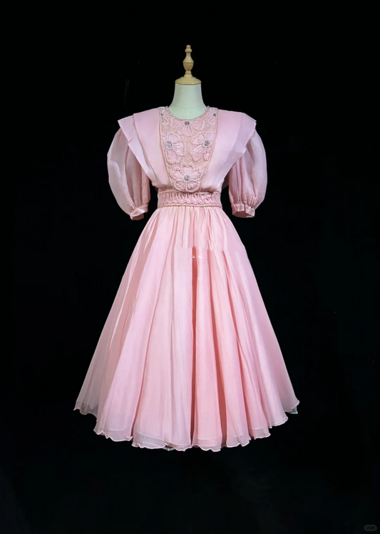 Dusty Pink Puff Short Sleeve Vintage Midi Dress Hand Beaded Floral Embroidery Flowy Chiffon A-Line Tea Length Gown  NV6893