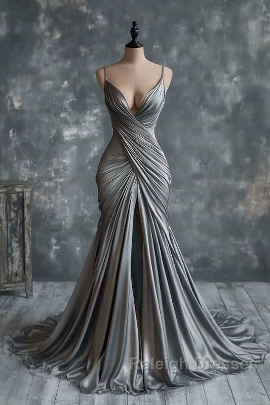 Robe de soirée élégante et raffinée à fines bretelles et décolleté plongeant | Robe longue sirène froncée en satin gris argenté, idéale pour un gala, un tapis rouge ou un événement professionnel haut de gamme (NV6277)