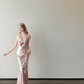 Halter Deep V Mermaid Prom Dress Rose Pink Liquid Satin Gown  NV7123