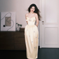 Sweetheart Strapless Yellow Satin Midi Dress, Bow Detail Formal Evening Gown  NV7355