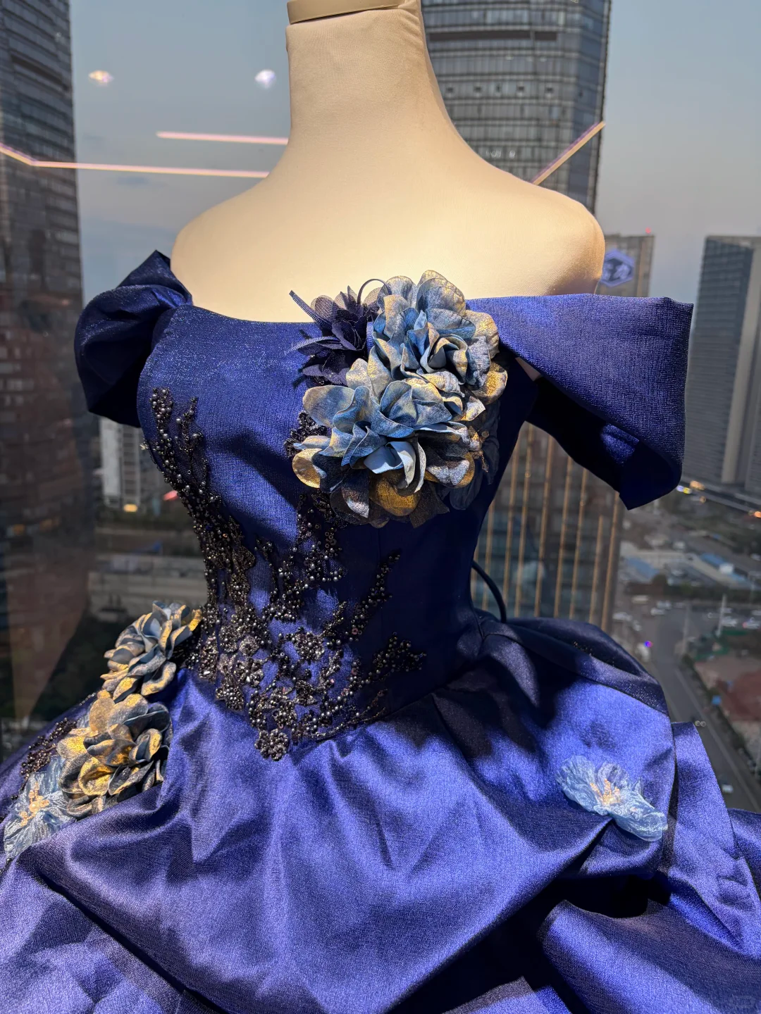 Royal Blue Off Shoulder Princess Ball Gown Puff Sleeve Beaded Embroidery 3D Flower Ruffled Satin Tulle Long Evening Gown  NV6999