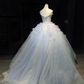 Strapless Light Ice Blue Prom Dress 3D Flower Rhinestone Beaded Tulle Fairy Ball Gown  NV7058