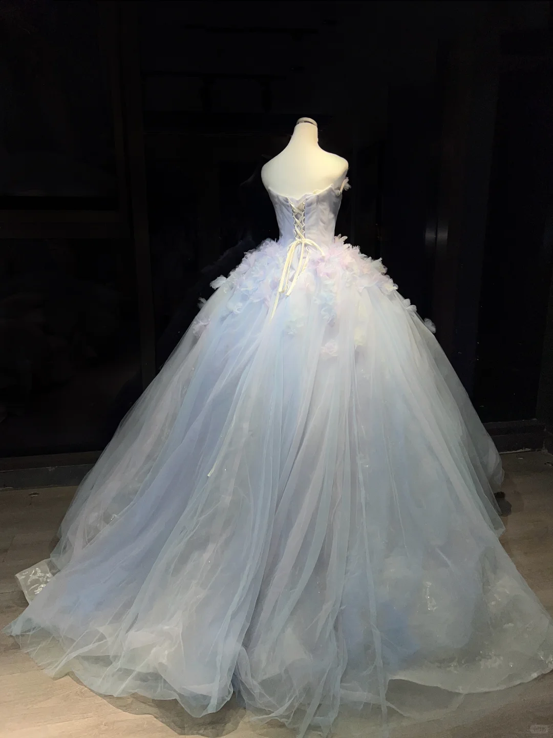 Strapless Light Ice Blue Prom Dress 3D Flower Rhinestone Beaded Tulle Fairy Ball Gown  NV7058