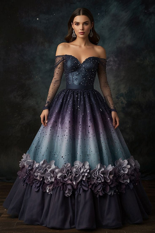 NiceVestidos - Robe de bal longue jusqu'au sol, ornée d'un magnifique dégradé bleu-violet scintillant et de perles exquises. NV6110