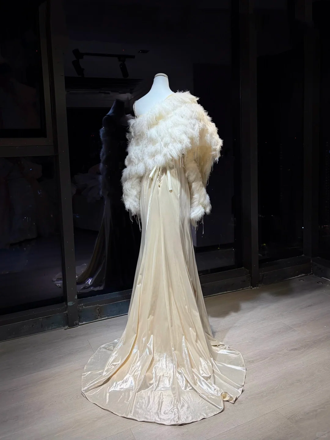 Champagne Square Neck Mermaid Evening Dress, Ruched Shiny Gown with Feather Shawl & Rhinestone Chain  NV7086