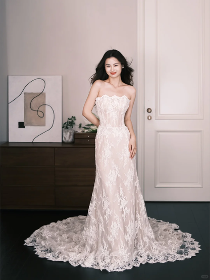 Scalloped Lace Mermaid Bridal Gown, Strapless Corset Wedding Dress  NV7301