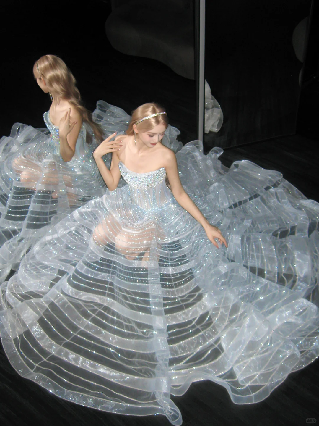 Strapless Silver White Ball Gown Prom Dress, 3D Hoop Organza Beaded Evening Gown  NV7109
